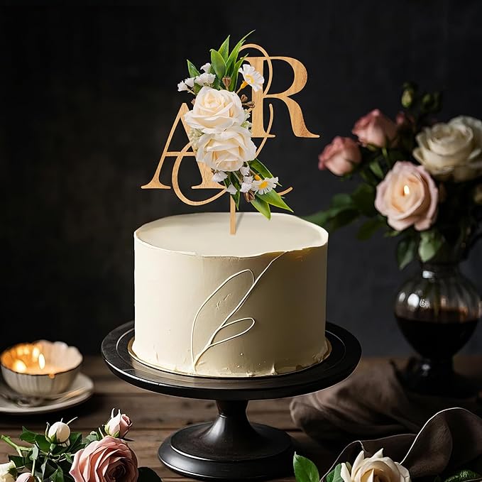 Wedding Cake Topper with 3D Artificial Flowers and Green Leaves Custom Initials Personalized Wooden Anniversary Cake Decoration (Oak Finish)