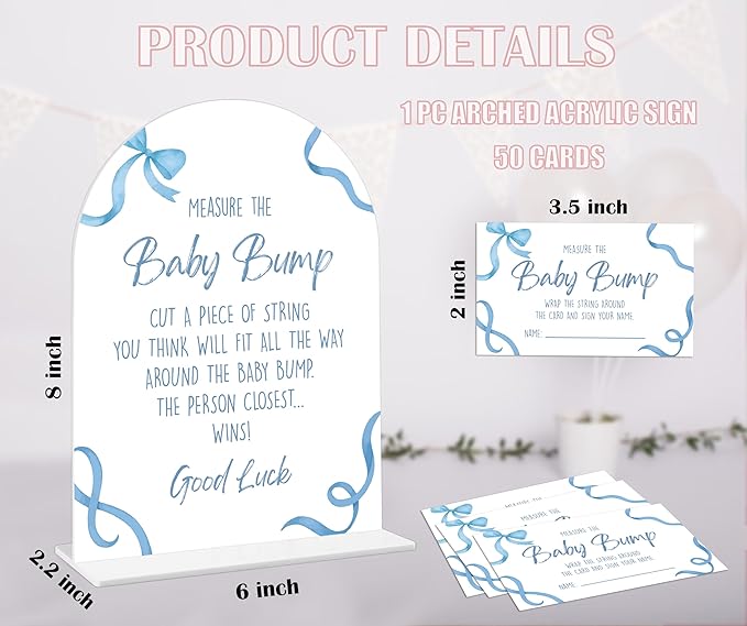 Baby Shower Games - Blue Bow Measure The Baby Bump Game, 1 Arch Acrylic Sign and 50 Guessing Cards, Gender Reveal Game, Blue Baby Shower Decoration Supplies (DP02)