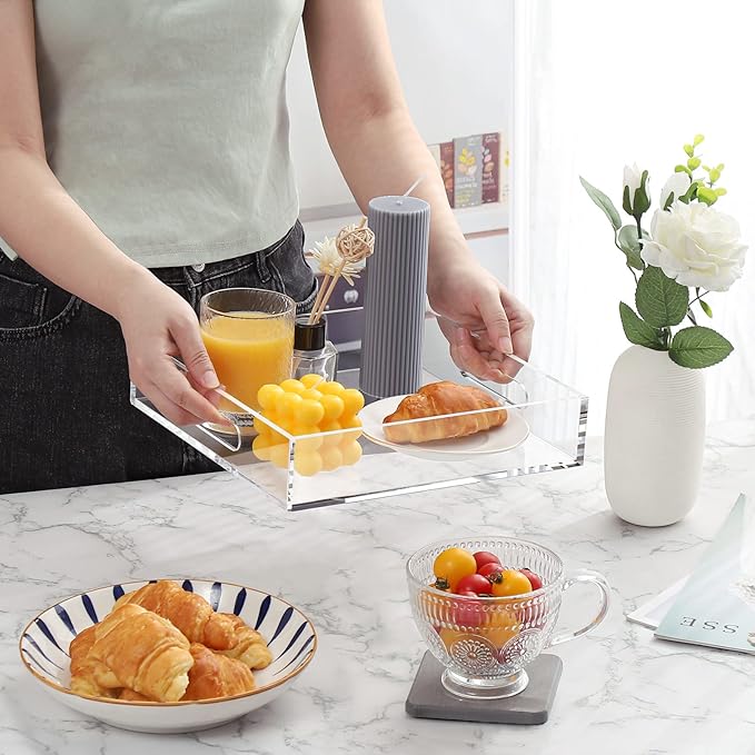 Home Decorative Coffee Table Tray, 10"x10" Elegant Acrylic Serving Trays with Handles Works for Eating, Breakfast, Makeup Drawer Organizer,Bathroom Vanity Table,Ottoman Tray, Clear