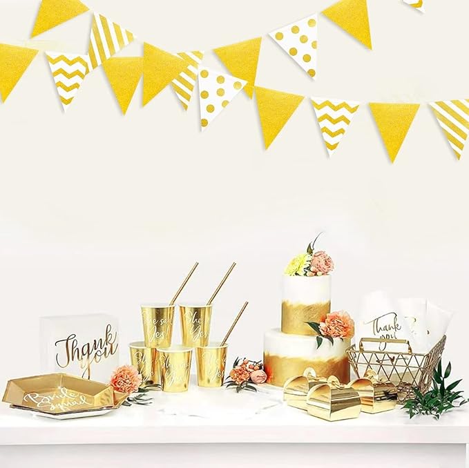 39Ft White and Gold Party Decorations Polka Dot Stripe Triangle Pennant Banner Glitter Foil Paper Flag Bunting Garland for Birthday Graduation Anniversary Wedding Bridal Baby Shower Hen Party Supplies