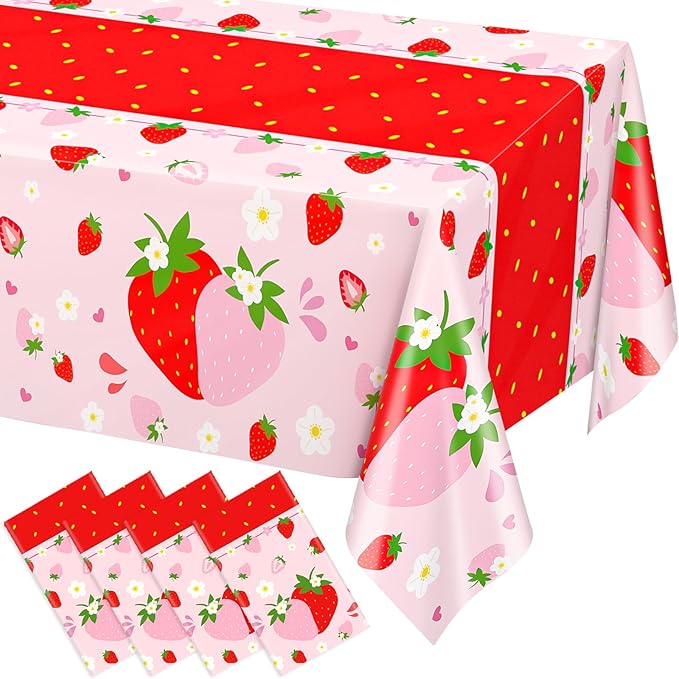 WNINK 4 Pack Strawberry Tablecloths Strawberry Berry Sweet One Table Covers for Birthday Party Decoration Berry Sweet Baby Shower Party Supplies 54" x 108"