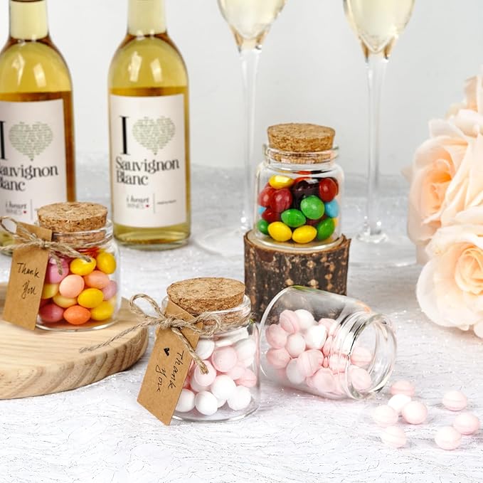 OurWarm 12 Pack Mini Jars with Lids, 1.7OZ Small Glass Bottles with Cork Tag Label and Twine, Versatile Small Glass Jars for Candy Potion Spice DIY Crafts Gift Birthday Wedding Party Decorations