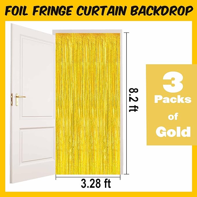3 Pack Gold Foil Fringe Curtains Backdrop, 3.28 x 8.2 Ft Metallic Streamers Tinsel Curtains Background for Photo Booth, Birthday, Christmas, Halloween, Thanksgiving, New Year Party Decorations