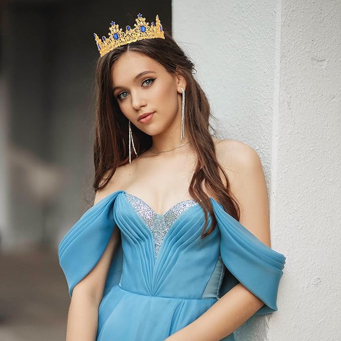 Didder Royal Blue Gold Princess Crown Birthday Tiara Prom Queen Tiaras and Crowns for Women and Girls Halloween Costume Headpiece Hair Accessories