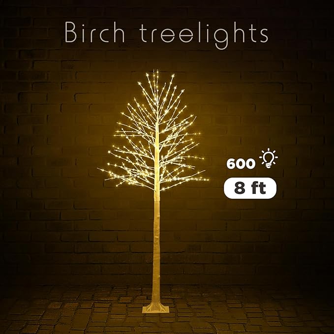 Baquler 2 Pack Lighted Birch Tree - Large Christmas Warm-White LED 8 Mode Light Birch Tree Decoration Set for Thanksgiving Holiday Fall Winter Party Decor, Indoor & Outdoor (8 ft)