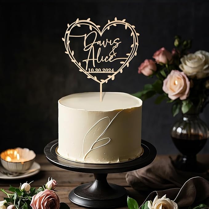 Custom Names and Date Wedding Cake Topper Pesonalized Wedding Anniversary Cake Decoration Heart Wreath Design in Plain & Metallic Finish Wood
