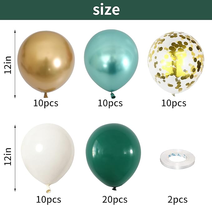 Metallic Green Gold Balloons, 60 Packs 12 Inch Dark Green White Gold Latex Balloons with Ribbons for Wedding, Anniversary, Birthday, Baby Shower, Jungle Sarfari Party