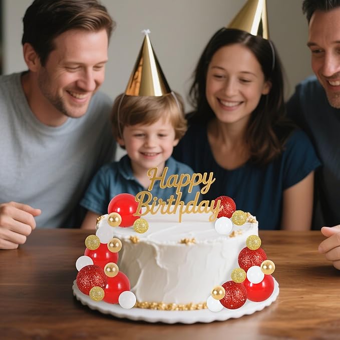 BEISHIDA 40 pcs Foam Ball Shaped Cake Toppers with Sticks Perfect for Birthday Party Baby Shower Christmas Party Decor Wedding Anniversary Chinese New Year(Red, Gold, White)