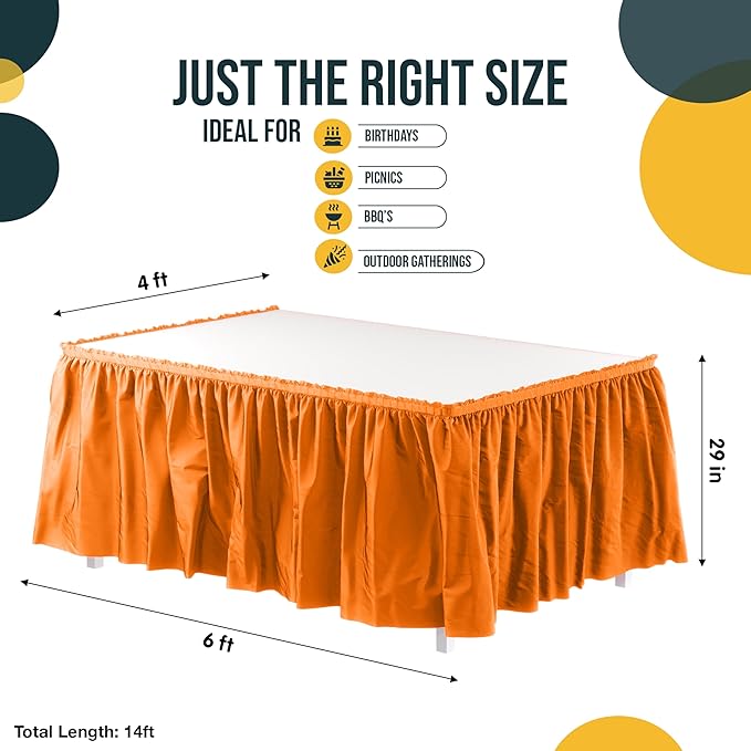 Exquisite Ruffle Table Skirt Orange 6 Pack 14 Ft Long Table Skirts for Rectangle Tables 6ft Plus or Round Tables Skirts with Adhesive Strip for Gender Reveal Decor & Happy Birthday Parties