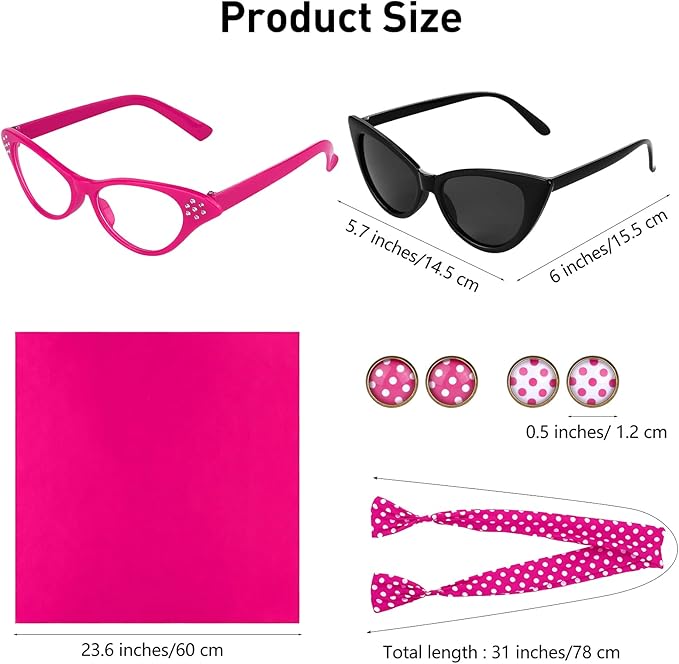 Aneco 6 Pack 50s Set Chiffon Scarf Cat Eye Glasses Bandana Tie Headband Earrings