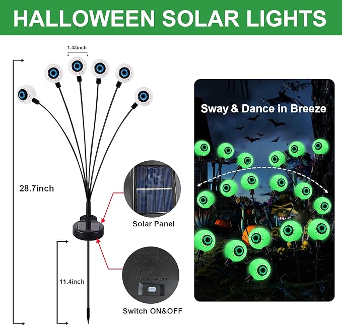 AIKEI Halloween Solar Lights - 4 Pack 24 LED Eyeball Outdoor Waterproof Firefly Decoration for Pathway, Patio, Yard, Garden, Party - Green
