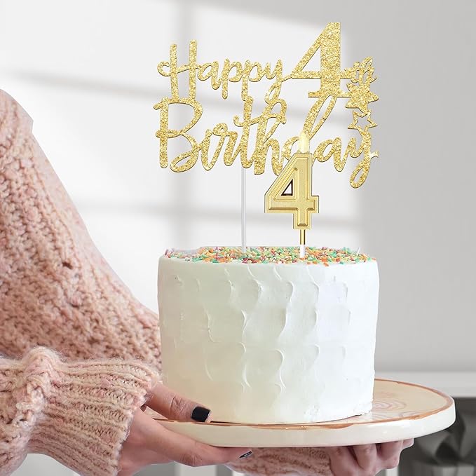 4th Birthday Decorations for Girl with 4th Birthday Sash and Crown, Candle and Cake Topper, Number Balloon, 4 Year Old Girl Gifts