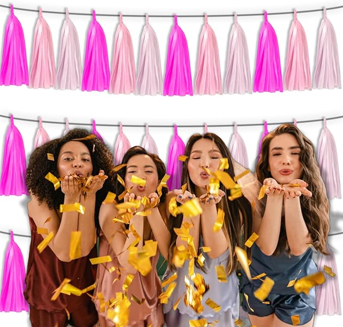 3P Maca-Rose Red Pink LightPink Metallic Fringe Banner Garland Foil Tinsel Streamer Backdrop Banners for Parties, Wall Hanging Curtain Parade Floats,Graduation Decorations, Wedding Party Decoration