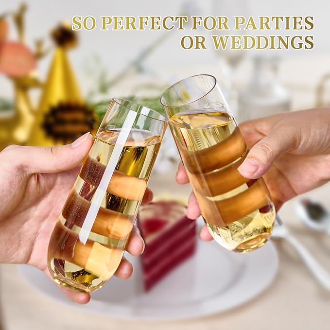 FOCUSLINE 24 Pack 9 Oz Clear Plastic Champagne Flutes, Stemless Plastic Champagne Glasses Clear, Heavy Duty Toasting Glasses, Shatterproof and Disposable Cups Perfect For Any Party