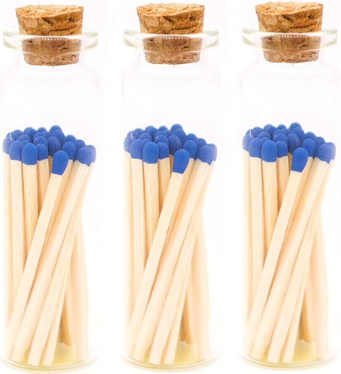 River Birch Decorative Matches in a Bottle with Striker - Cute & Colored - 3 Bottles, Royal Blue Tip, 60 Matches