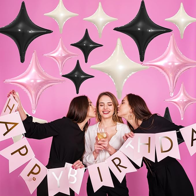 Pink Black Star Balloons,12Pcs Four Angle Star Foil Balloons,26Inch and 10Inch Pink White Quadrangle Helium Balloon for Birthday Baby Shower Anniversary Party Decorations
