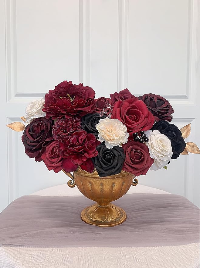 Roses Artificial Flowers Burgundy Fake Flower Bulk with Stems for DIY Wedding Bouquet Bridal Baby Shower Centerpiece Table Decorations Silk Faux Floral Arrangements Party Home Decor Red Black