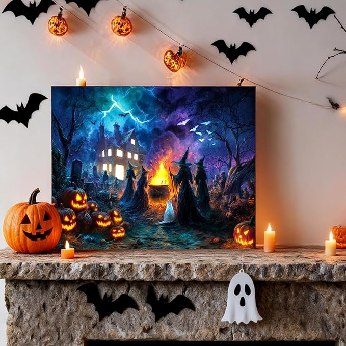 Halloween LED Wall Art 20x16 Inch-Haunted Home Gift, Lighted Canvas Decor with Pumpkin Haunted House Witch & Skull, Battery Powered with Timer, Spooky Indoor Decor for Halloween Party