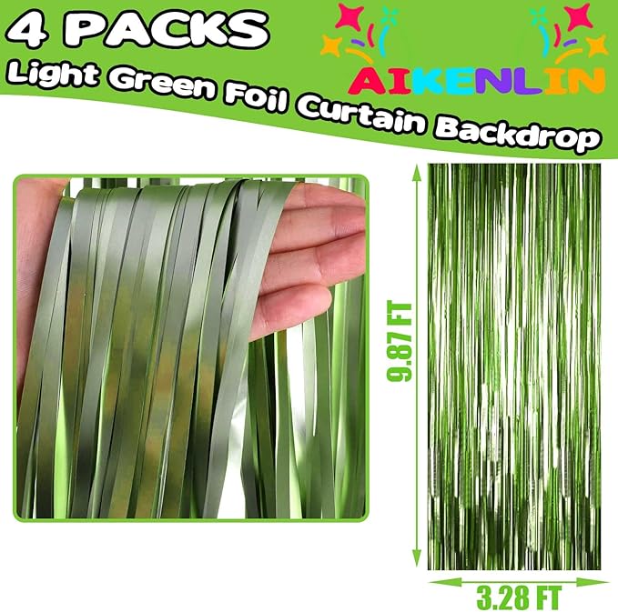 4 Pack 3.2Ft x 9.8Ft Light Green Foil Fringe Curtain Backdrop, Metallic Tinsel Foil Fringe Streamers Curtains for Party, Photo Booth Props, Birthday, Wedding, St Patrick Day Party Decoration