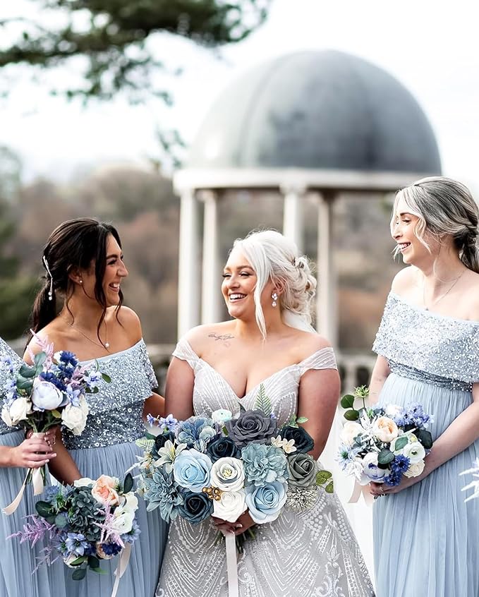 Roses Artificial Flowers Blue Fake Flower Bulk for DIY Wedding Bouquet Bridal Baby Shower Centerpiece Table Decorations Silk Faux Floral Arrangements for Party Home Decor Cake Decorating