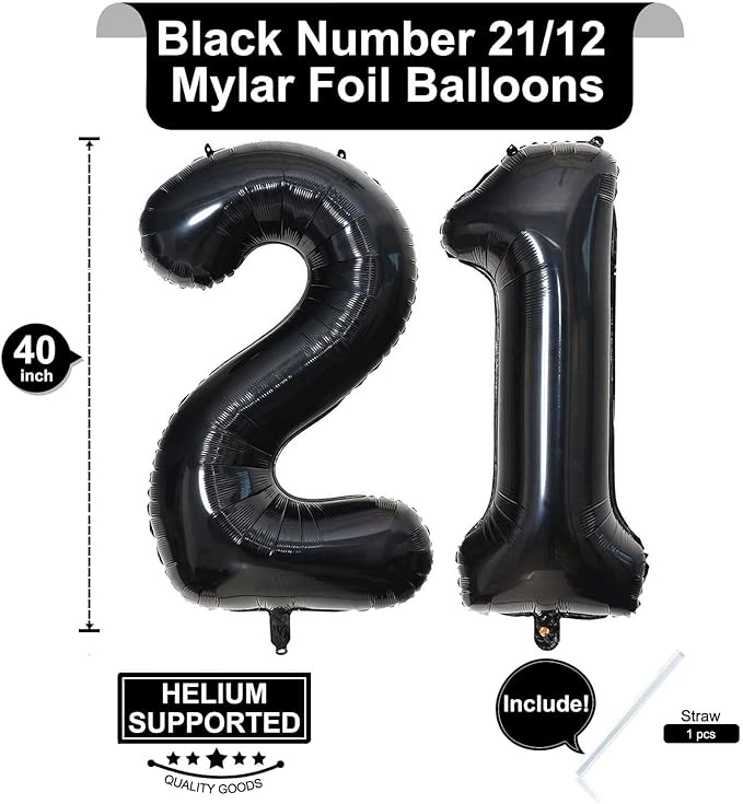 40 Inch Black 21 Number Balloons Giant Jumbo Huge 12 or 21 Foil Mylar Helium Number Digital Balloons Black Birthday Mylar Digital Balloons 12th 21st Birthday Anniversary Events Party Decorations