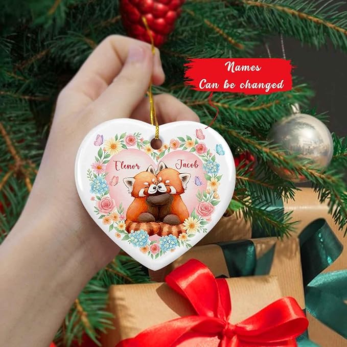 Couple Red Panda Together Ornament Christmas, Personalized Couple Engaged Ceramic Ornament Xmas, Red Panda Hugging Ornaments Gift for Boyfriend Girlfriend, Custom Names Married Christmas Keepsake