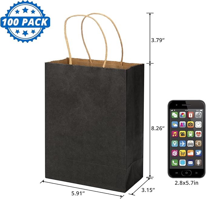 100 Pack 5.9x3.15x8.26 inch Small Gift Bags, Kraft Black Bags with Handles Bulk for Birthday Party Favors,Gift Paper Bags,Retail Shopping Business Goody Craft Gift Bags