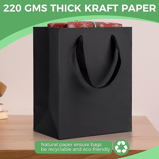 MOXARYSU Black Gift Bags With Handles: 8x5x10 Inch 15pcs Black Paper Bags Medium Bulk For Party Shopping Birthday Wedding (M,15)