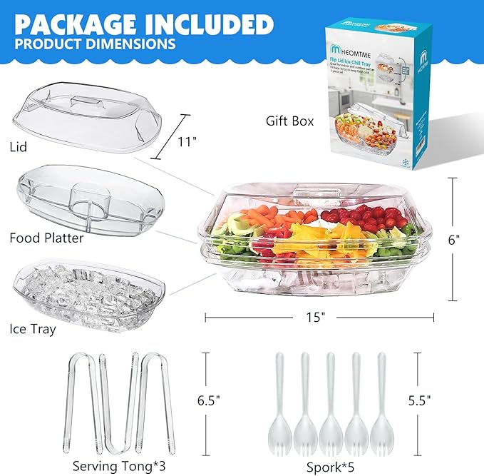 Ice Chilled Party Platter, 15 Inch Clear Veggie Fruit Trays with Lid and Dip, Cold Food Serving Trays for Parties, Charcuterie Boards with Ice Tray on Bottom