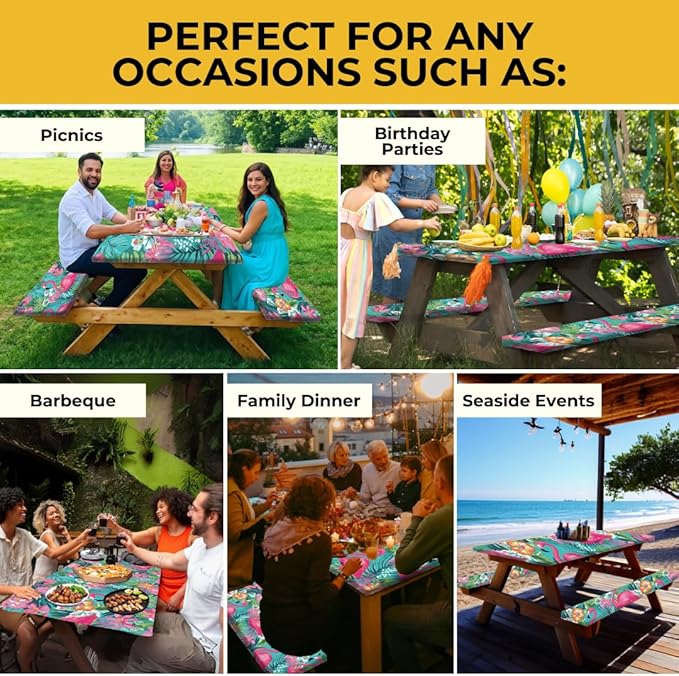 RNOONY 6ft Polyester Picnic Table Cover with Bench Covers Windproof & Waterproof Tablecloth, Perfect for Camping Gifts & RV Essentials, Cool Camping Gadgets, with Carrying Bag, 72x30 Inches, 4Pcs