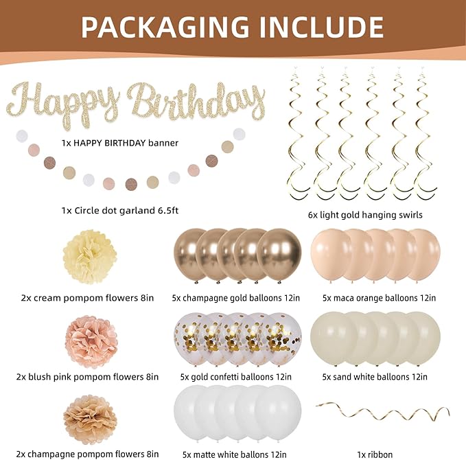 Champagne-Gold Beige Fall Birthday Party Decorations for Women Girls, Autumn Nude Neutral Boho Balloons Decor, Happy Banner, Hanging Swirls Tissue Pom Poms Retro Backdrop Supplies