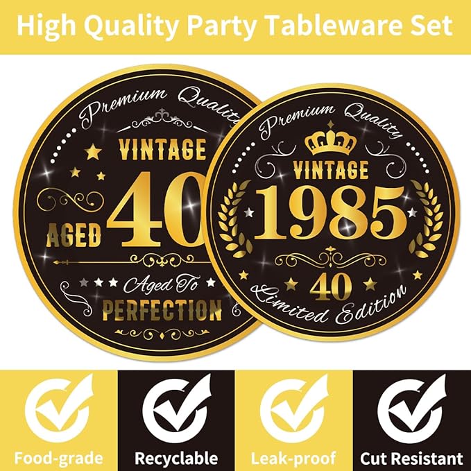 96PCS 40th Birthday Plates and Napkins Party Supplies 40th Birthday Decorations for Men 40th Anniversary Decorations Vintage 1985 Birthday Party Tableware Sets Serve 24 Guests