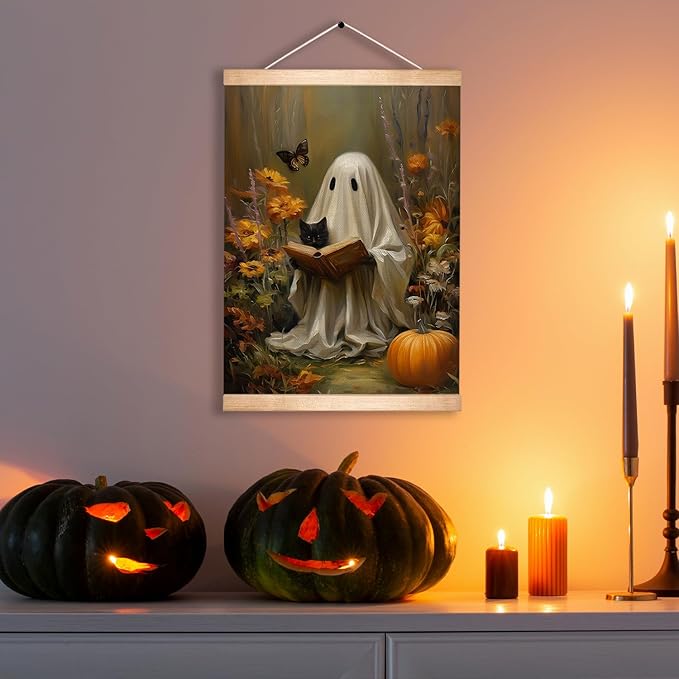 Rustic Ghost and Black Cat Reading Book Wall Art 18.5x14 Inch,Fun Ghost Linen Canvas Wall Hanging Poster Decor, Retro Gothic Haunted House Theme Wall Poster for Library Reading Corner,Halloween Decorations(BLK06)