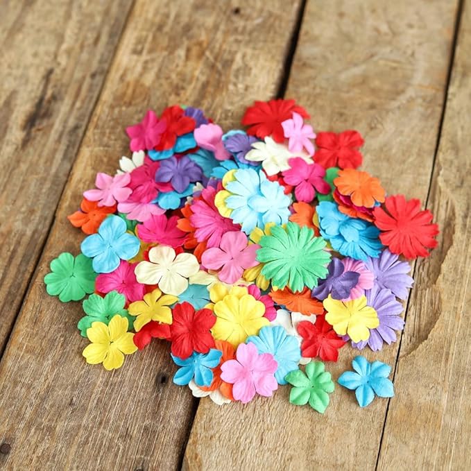 100 Pcs Handmade Mixed Mulberry Paper Flowers 30 mm - 1.5 Inch Scrapbooking Wedding DIY Craft Supplies Card. (Mixed Flowers)