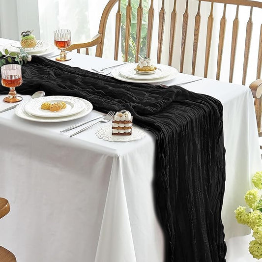 IVAPUPU 2 Pcs Cheesecloth Halloween Table Runner - 10ft Black Boho Gauze Black Cheese Cloth Table Runners for Halloween Decor Indoor Baby Shower Decoration Wedding Party Summer Garden Farmhouse