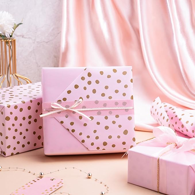 WRAPAHOLIC Reversible Wrapping Paper - Mini Roll - 17 Inch x 33 Feet - Pink Print and Gold Delicate Polka Dots Design for Birthday, Holiday, Wedding, Baby Shower