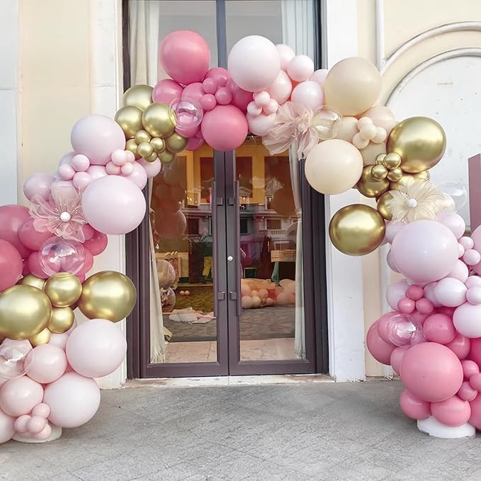 Dusty Blush Pink Nude Gold Balloon Arch Kit, 166Pcs Retro Pink Nude Metallic Gold and Macaron Light Pink Balloons for Bridal Baby Shower Girls Boho Birthday Wedding Decorations Supplies