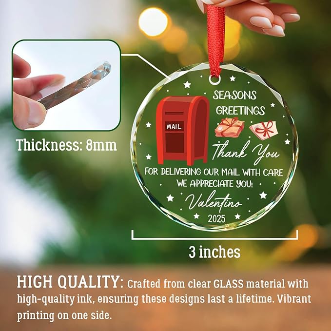 Personalized Thank You Mail Carrier Ornament Xmas 2025, Seasons Greetings Christmas Glass Ornament Gifts for Mailman Postal Worker & Driver, Custom Name & Year Mail Carrier Ornaments Xmas Tree Decor