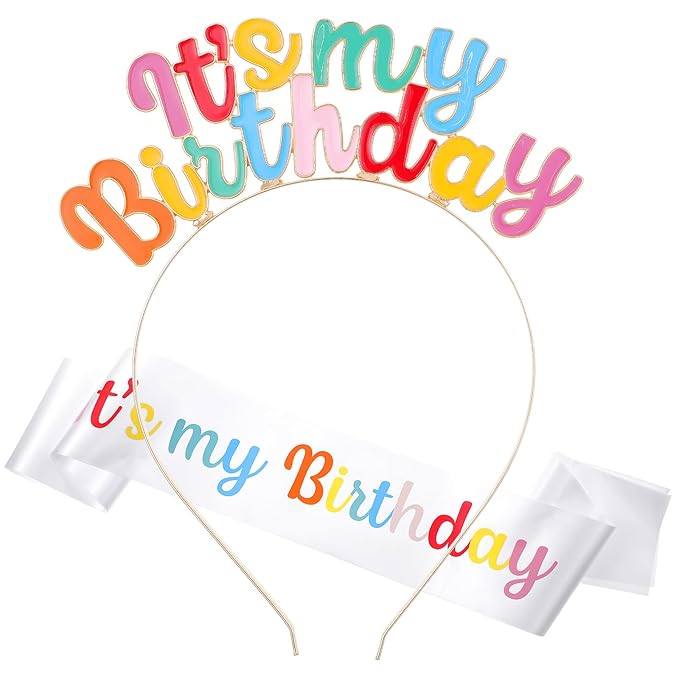 Its My Birthday Headband Set, Rainbow Sash and Crown, Happy Birthday Headpiece for Women Girls Party Decorations (Colorful)