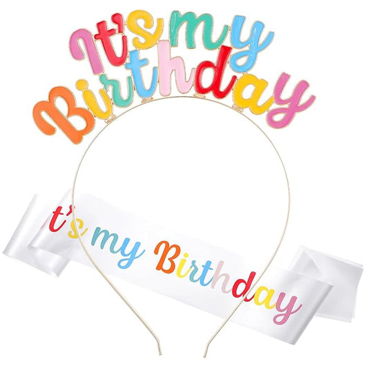 Its My Birthday Headband Set, Rainbow Sash and Crown, Happy Birthday Headpiece for Women Girls Party Decorations (Colorful)