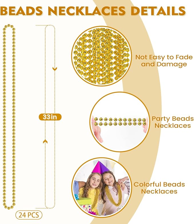 SHAOQINLIN 24 PCS Gold Mardi Gras Beads, Christmas Necklaces, Gold Bead Necklace, 33'' Metallic Party Beads Necklaces Bulk for Mardi Gras, Christmas, New Year's Day, Carnival Party Favors