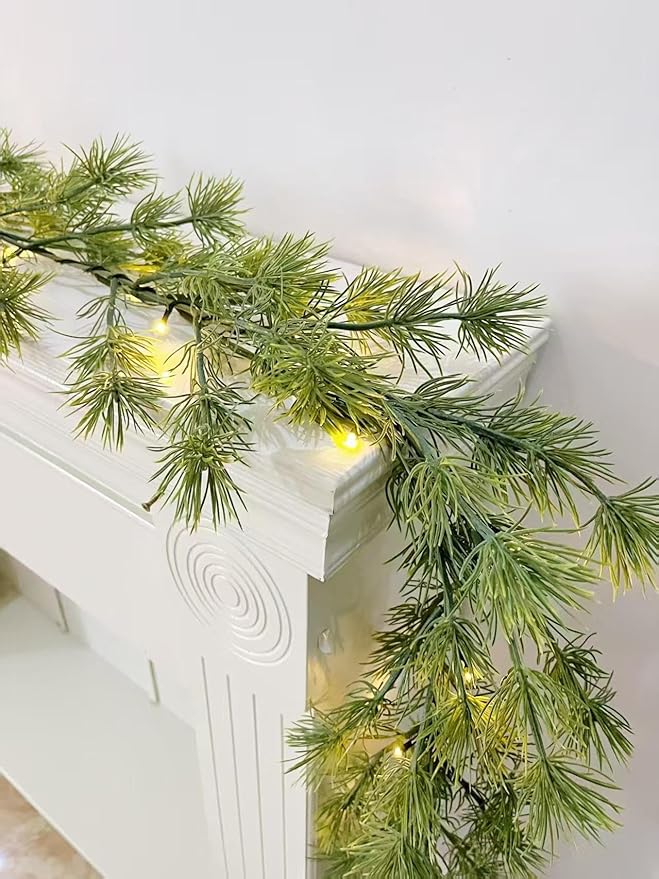 6FT Lighted Cedar Pine Garland with Timer, Battery Operated Christmas Garland with Greenery Pine Needles for Indoor Outdoor Holiday Office Home