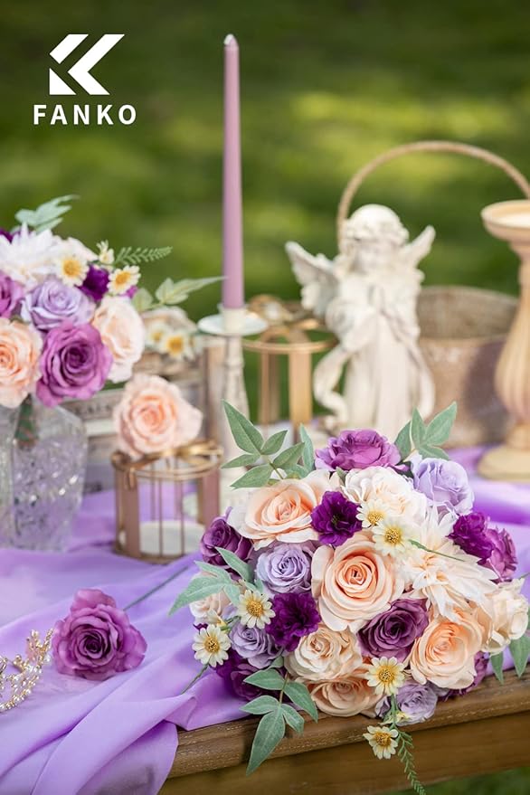FANKO Rose Artificial Flowers Combo for DIY, Fake Purple Rose Silk Flowers Greenery, Faux Flowers for Wedding Bridal Bouquet, Baby Shower, Table Centerpieces, Floral Arrangement, Party Home Decoration