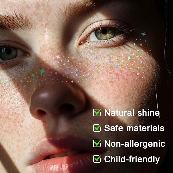 10 pcs Holographic Multichrome Glitter Freckles Face Tattoo, Waterproof Sparkle Face Glitter Speckles Patches for Women, Glitter Temporary Tattoo for Rave (10PCSA Holographic Multicolor)