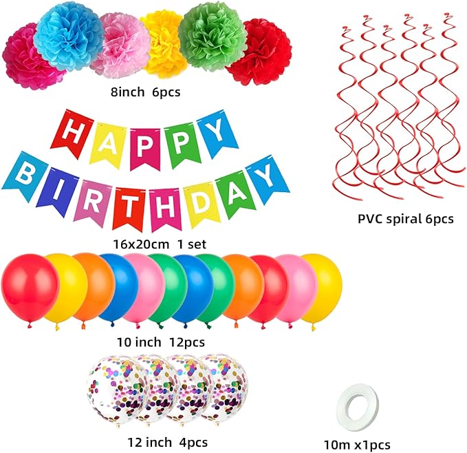 Colorful Party Decorations Kit - Happy Birthday Banner, Spiral Charm, Paper Flower Ball, Latex Balloons and Confetti Balloons for Boys and Girls Party Supplies