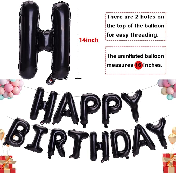 Accevo Black Happy Birthday Balloons Banner for Kids 16 Inch Foil Happy Birthday Sign Banner Letters Balloon 3D Happy Birthday Balloons for Child Adults Boys Girls Birthday Party Decorations Supplies