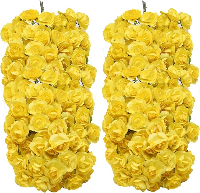 144pcs Mulberry Paper Mini Roses Artificial Flowers Heads with Stems for DIY Crafts Accessories Make Bridal Hair Clips Headbands Dress Wedding Bridal Bouquets Party Home Decor Valentine's (Yellow)