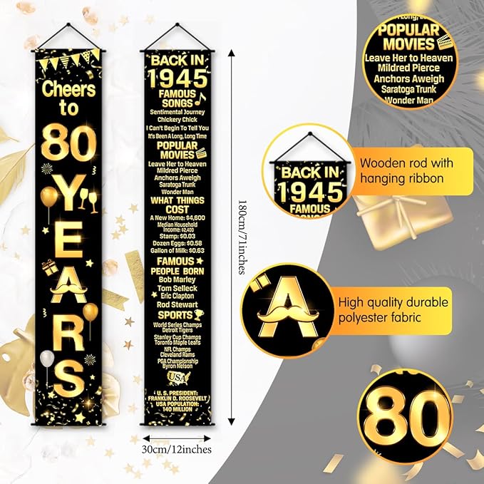 80th Birthday Party Anniversary Decorations Cheers to 80 Years Banner Party Decorations Welcome Porch Sign for Years Birthday Supplies (80th-1945)