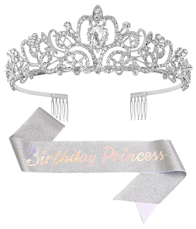 Birthday Tiara and Crown with Sash for Women, Hair Accessories for Wedding Party Costume (C- Silver)