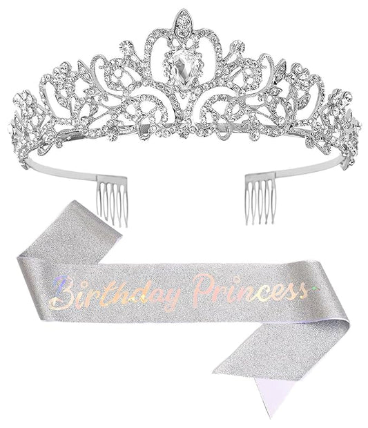Birthday Tiara and Crown with Sash for Women, Hair Accessories for Wedding Party Costume (C- Silver)